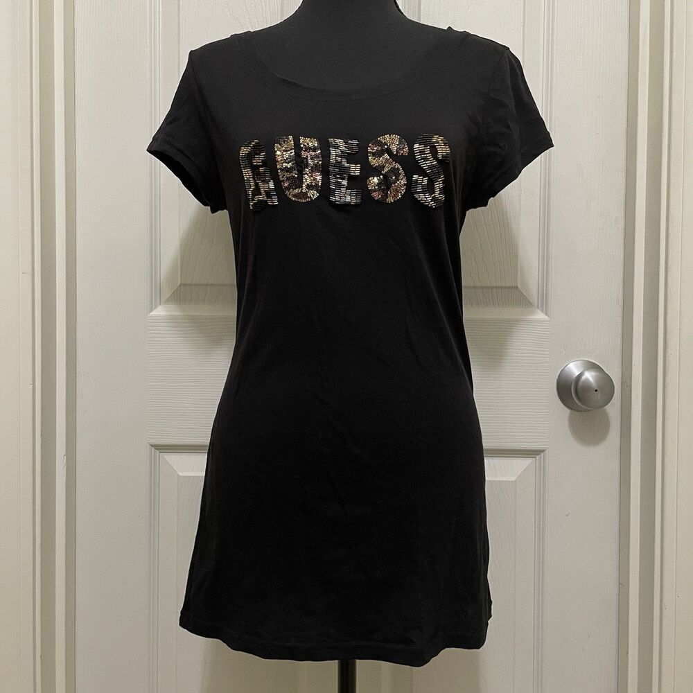 Vintage Guess‎ Shirt Leopard Print Logo Beads Sequins Bling Y2K Top Black Medium